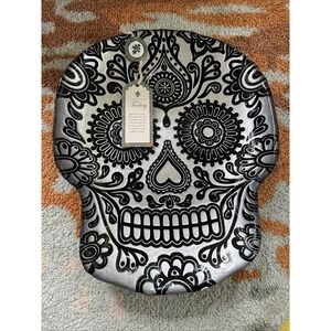 HUGE Akcam GLASS SUGAR SKULL BOWL.. SILVER ON BLACK  HALLOWEEN CANDY BOWL TRAY.